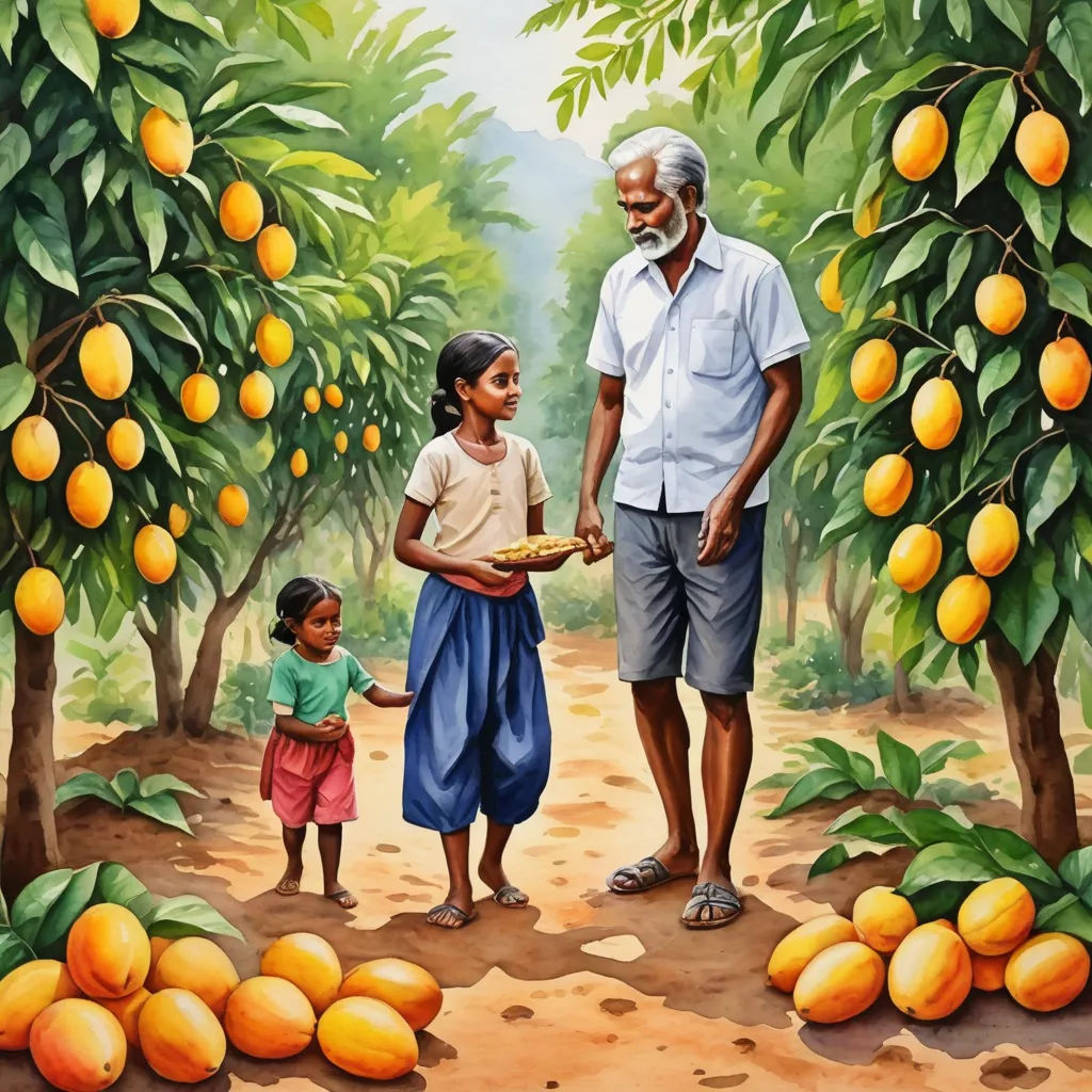 a painting of a man and a little girl standing in a tree filled with oranges with a man holding a bowl of fruit, figurative art, a storybook illustration, Ella Guru, orange