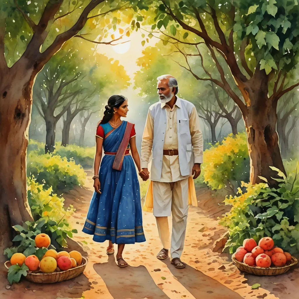a painting of a man and woman walking through a forest holding hands and holding hands with fruit baskets on the ground, figurative art, a storybook illustration, Bapu, official art