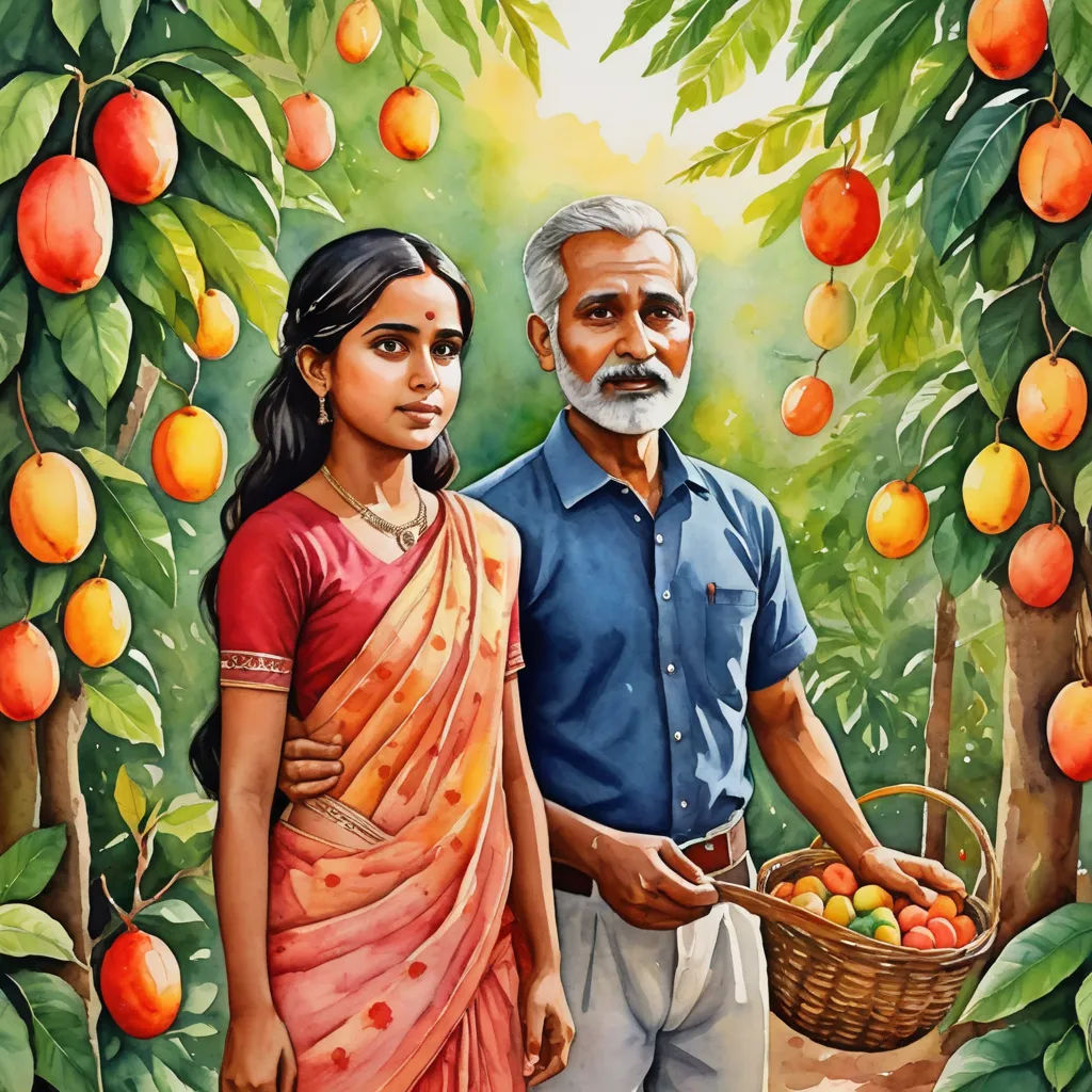 a painting of a man and a woman holding a basket of fruit in front of a tree filled with oranges, figurative art, a storybook illustration, Ella Guru, official art