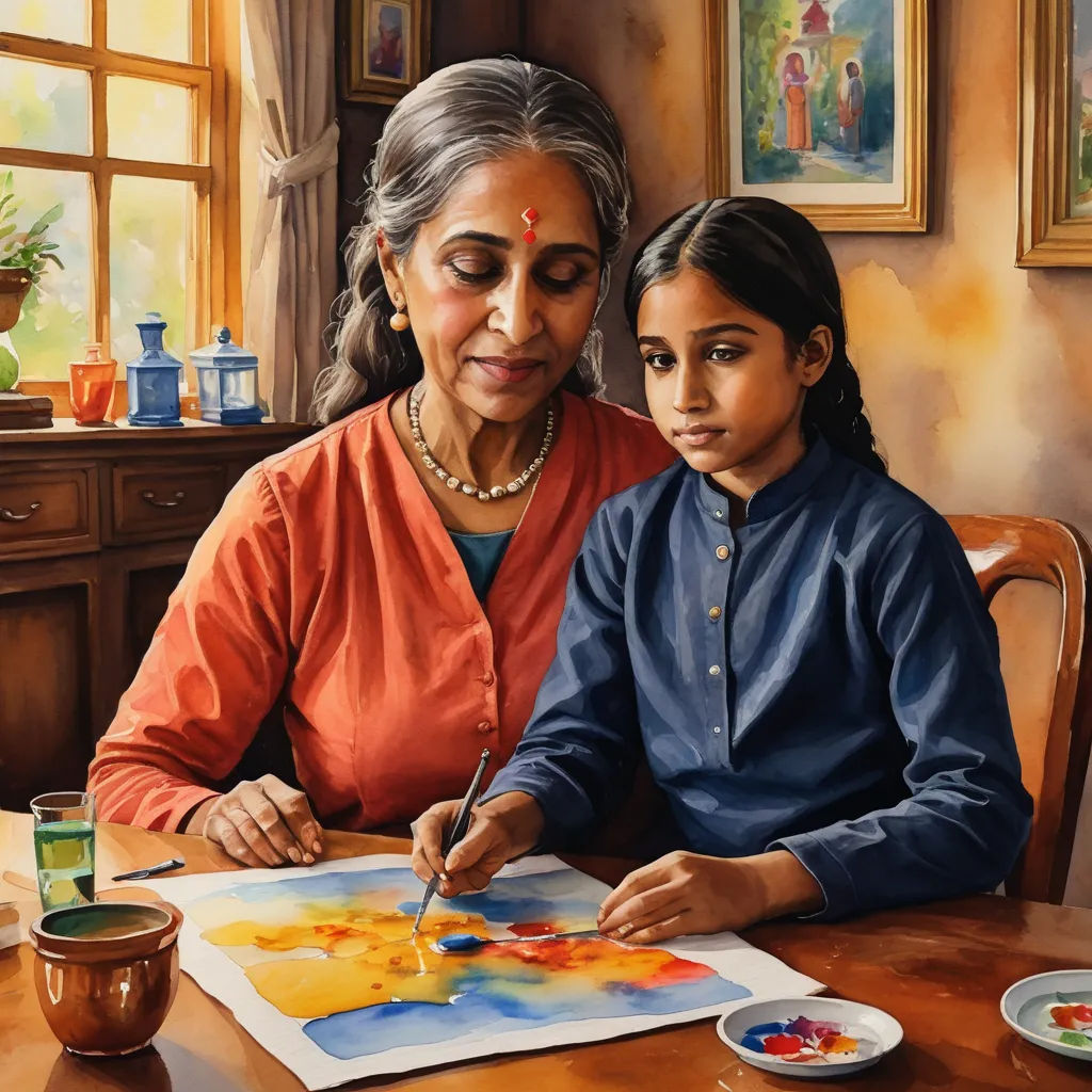 a painting of a woman and a child sitting at a table with a painting on it's paper, american scene painting, a detailed painting, Art & Language, detailed painting