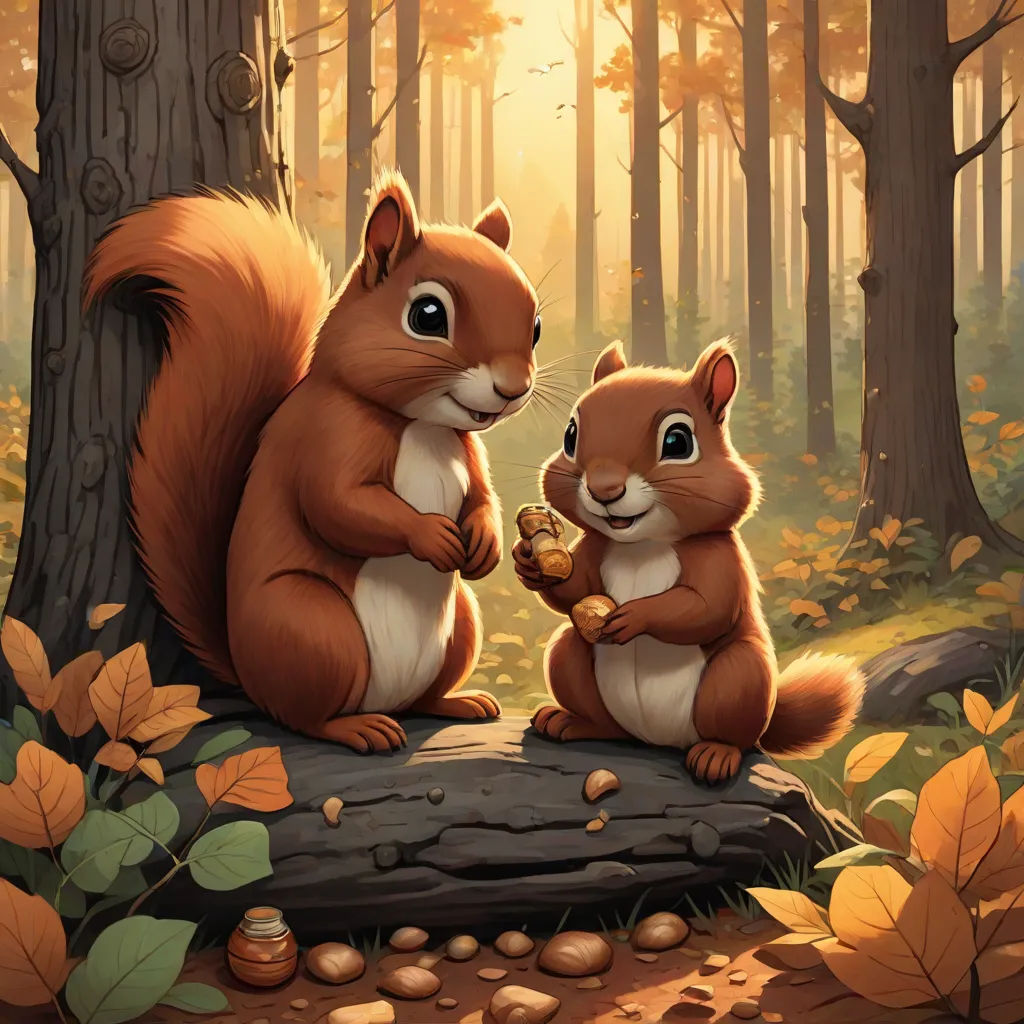 a couple of squirrels sitting on top of a tree stump in a forest next to a tree trunk with leaves, furry art, an oil painting, Chris LaBrooy, official art