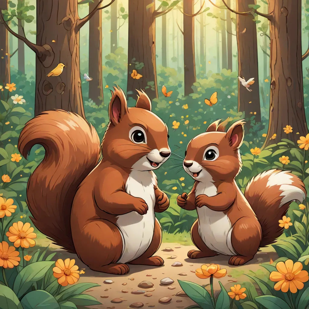 a couple of squirrels standing in the forest with flowers and butterflies around them, looking at each other with a smile, sots art, a storybook illustration, Chris LaBrooy, game art