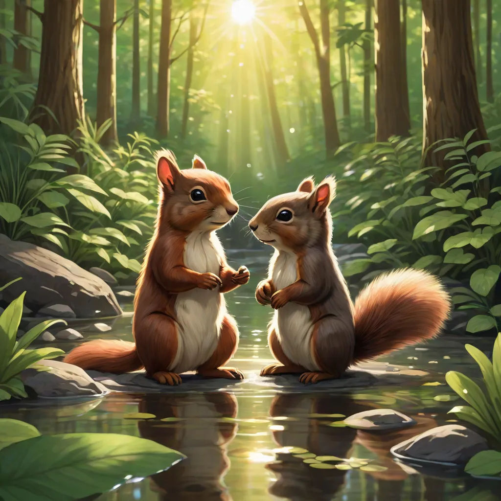 two squirrels sitting on a rock in a forest with a stream of water and sunlight shining through the trees, sots art, a painting, Chris LaBrooy, official art