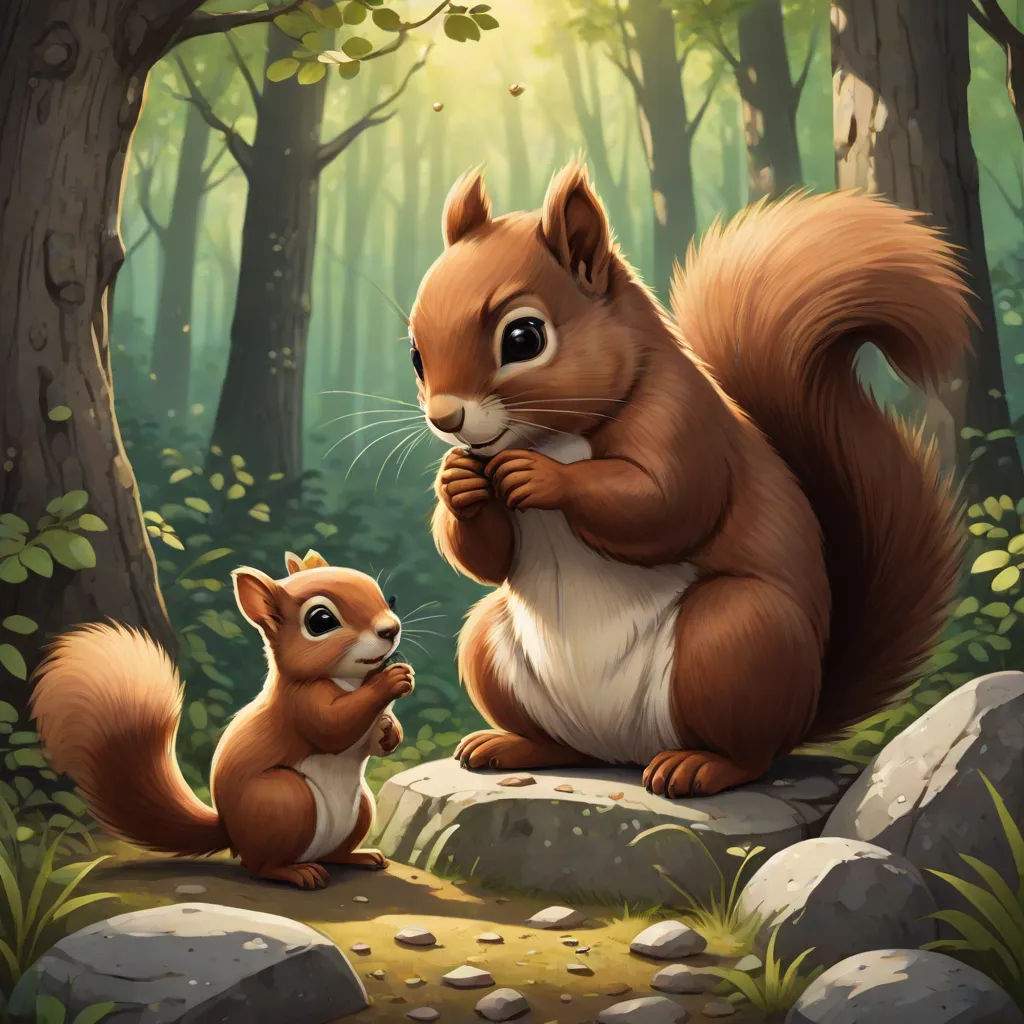 a squirrel and a squirrelling are sitting on a rock in the woods, with sunlight shining through the trees, sots art, a storybook illustration, Chris LaBrooy, official art