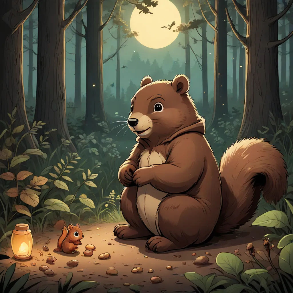 a brown bear sitting on a forest floor next to a lantern and a squirrel in front of it with a full moon in the background, sots art, a storybook illustration, Chris LaBrooy, official art