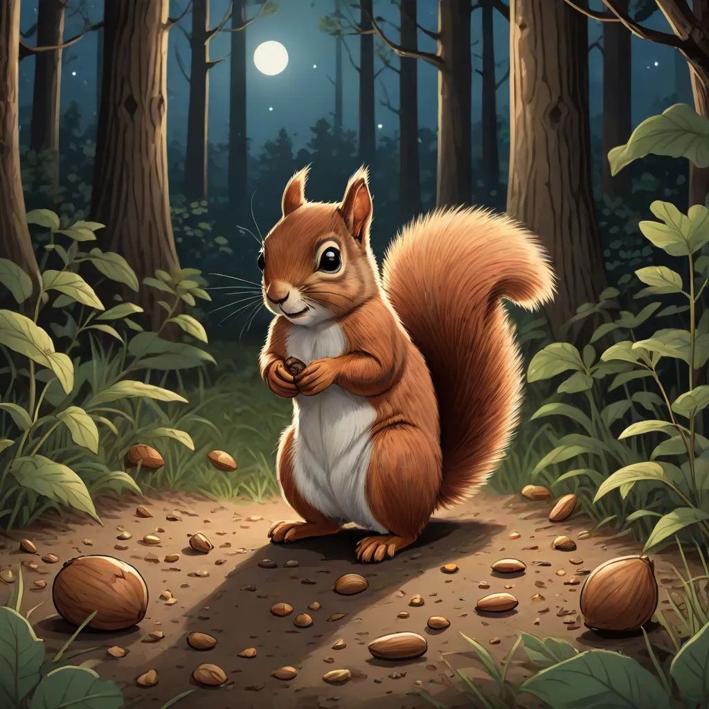 a squirrel is standing in the middle of a forest at night with a full moon in the background and a trail of nuts, altermodern, a storybook illustration, Chris LaBrooy, official art