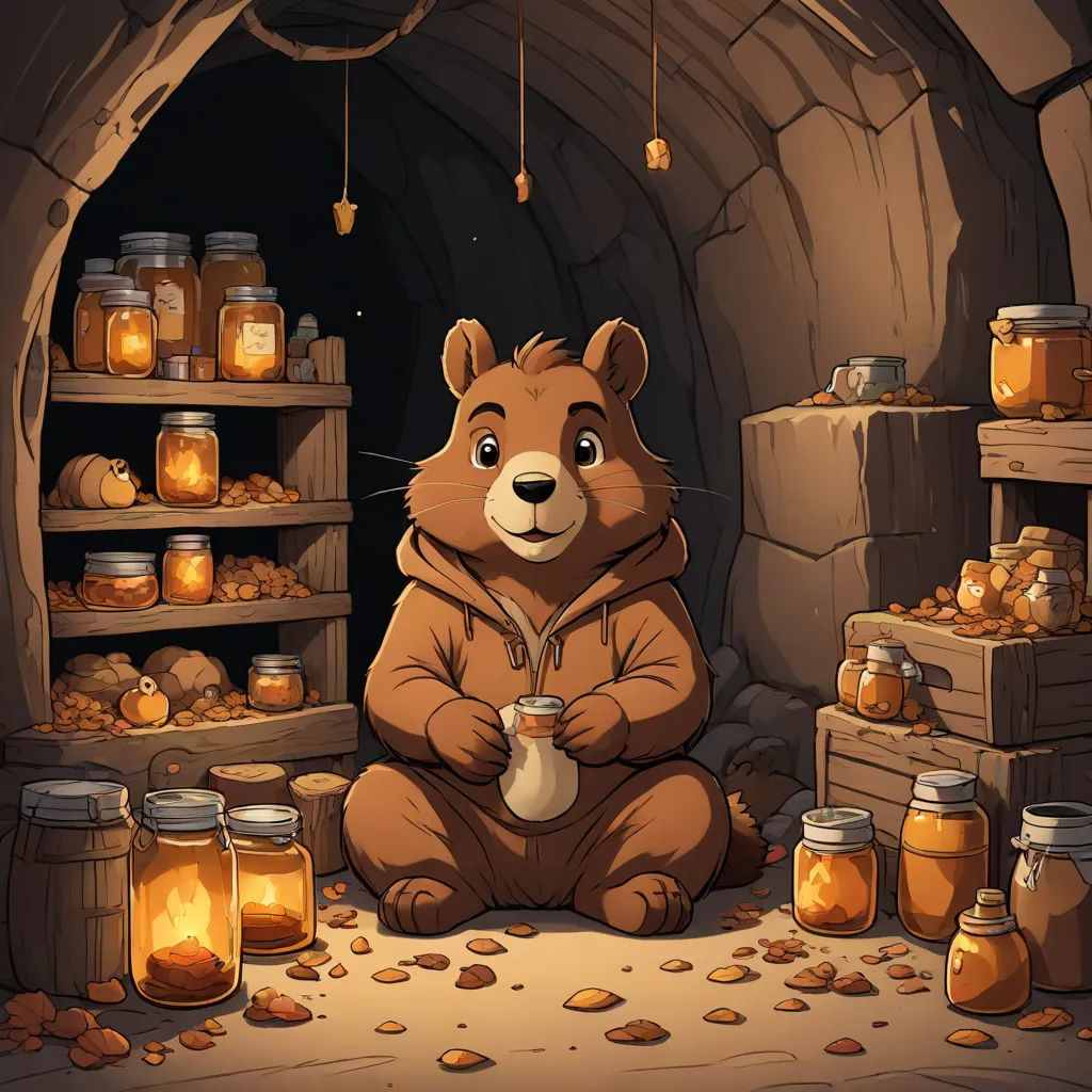 a bear sitting in a cave with jars of honey in front of him and a shelf full of honey jars, furry art, a storybook illustration, Chris LaBrooy, official art