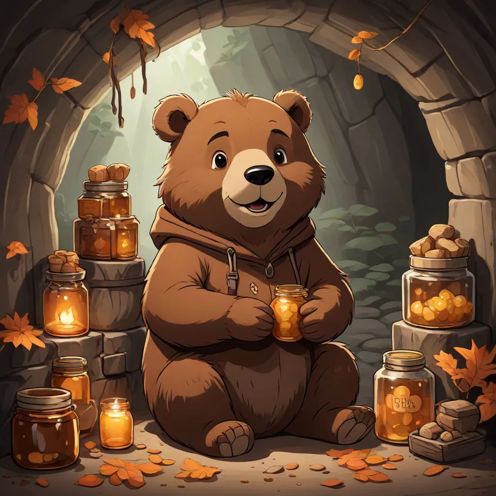 a bear sitting in front of a bunch of jars of honey and a candle in the middle of the room, sots art, a character portrait, Chris LaBrooy, official art