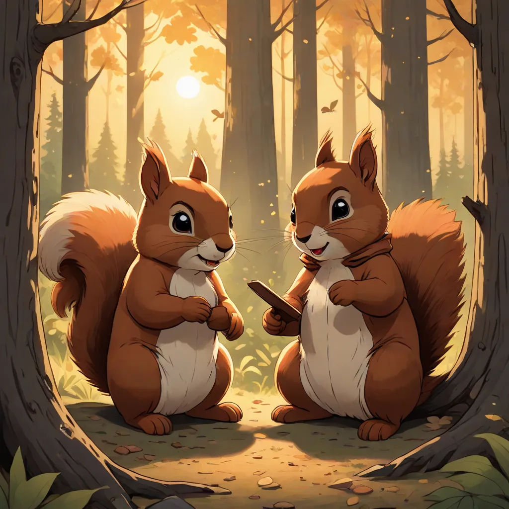 two squirrels sitting in the woods with a knife in their hands and a sun in the background with trees, altermodern, a painting, Chris LaBrooy, official art