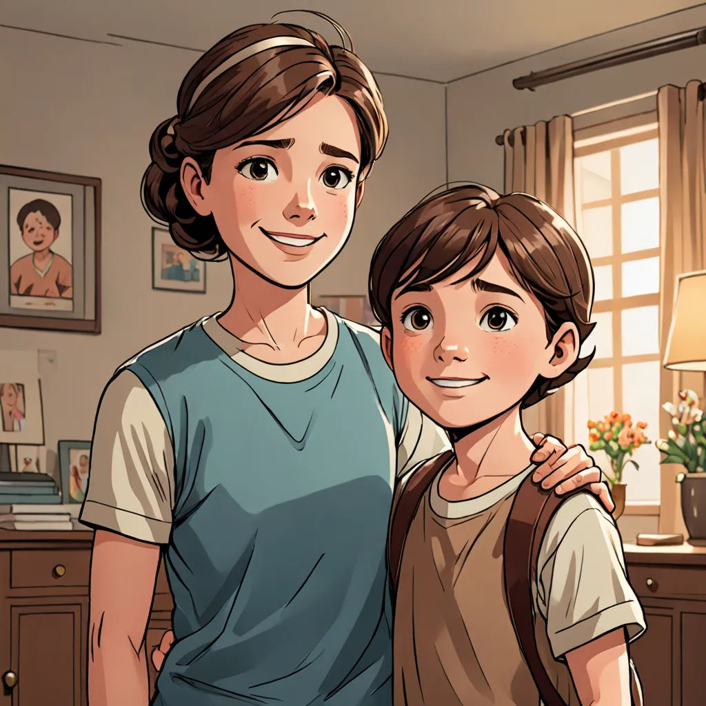 a woman and a boy standing in a living room together, with a painting of a woman behind them, Artgerm, serial art, a comic book panel, comic cover art