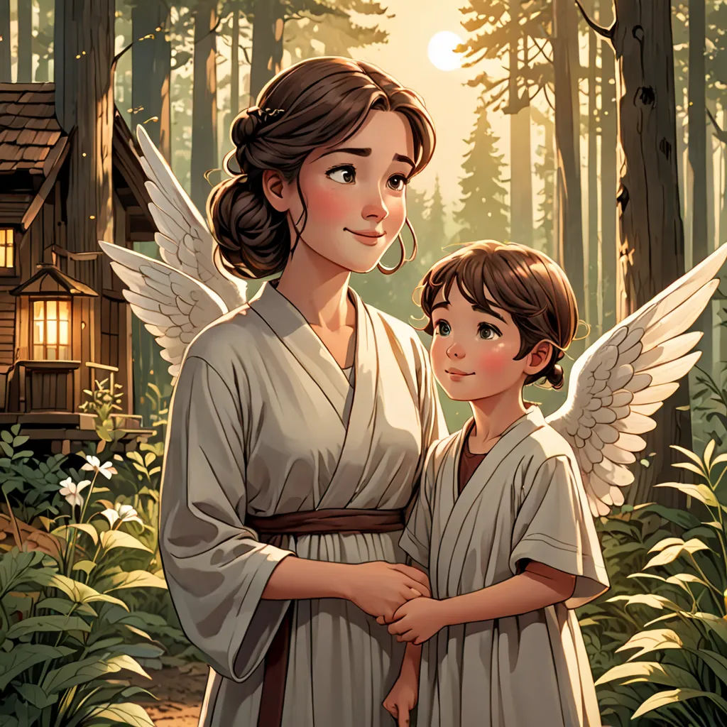 a painting of a mother and child in a forest with a house in the background and a bird on the tree, Aaron Jasinski, fantasy art, a storybook illustration, kinkade