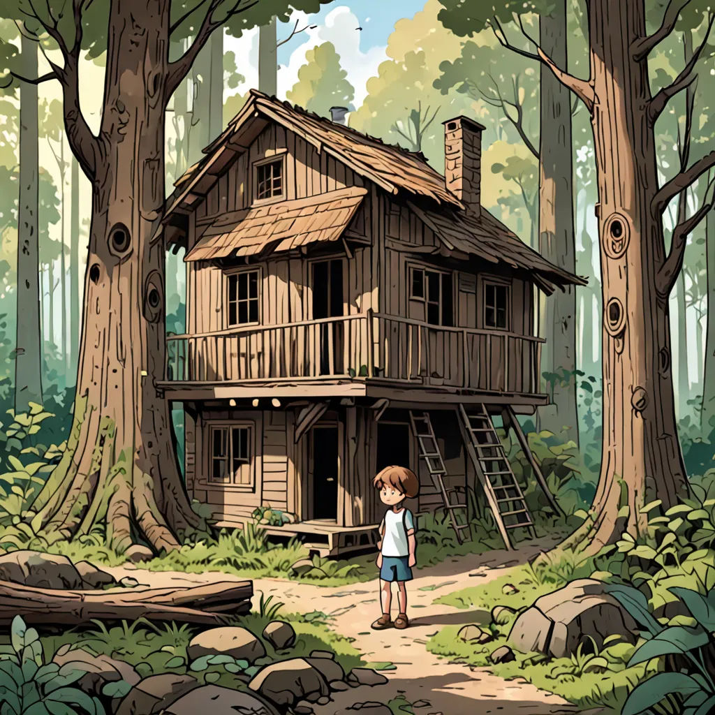 a boy standing in front of a tree house in the woods with a ladder to the roof and a ladder to the upper floor, Diego Gisbert Llorens, fantasy art, a storybook illustration, storybook illustration