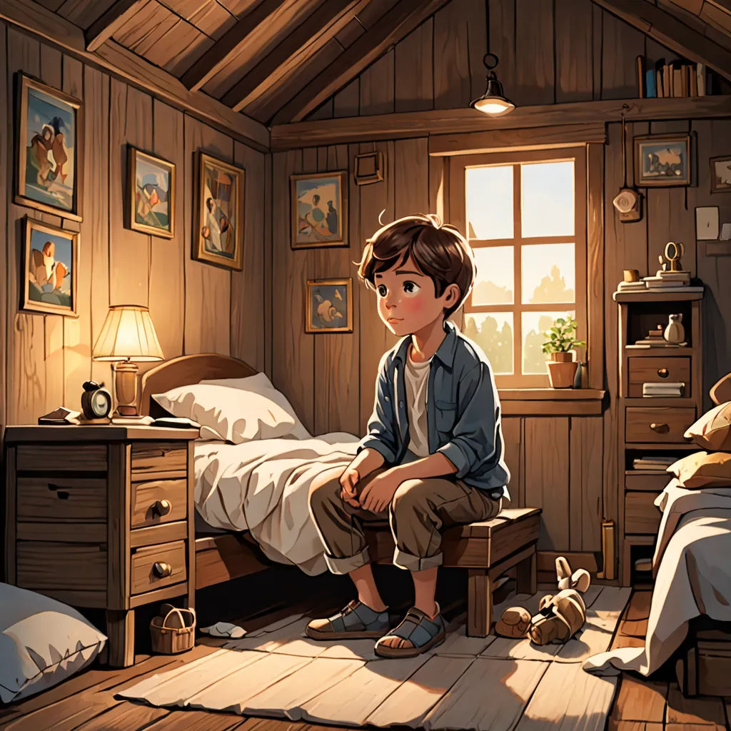 a boy sitting on a bed in a room with a teddy bear and a lamp on the floor next to him, Diego Gisbert Llorens, photorealism, a storybook illustration, rossdraws global illumination
