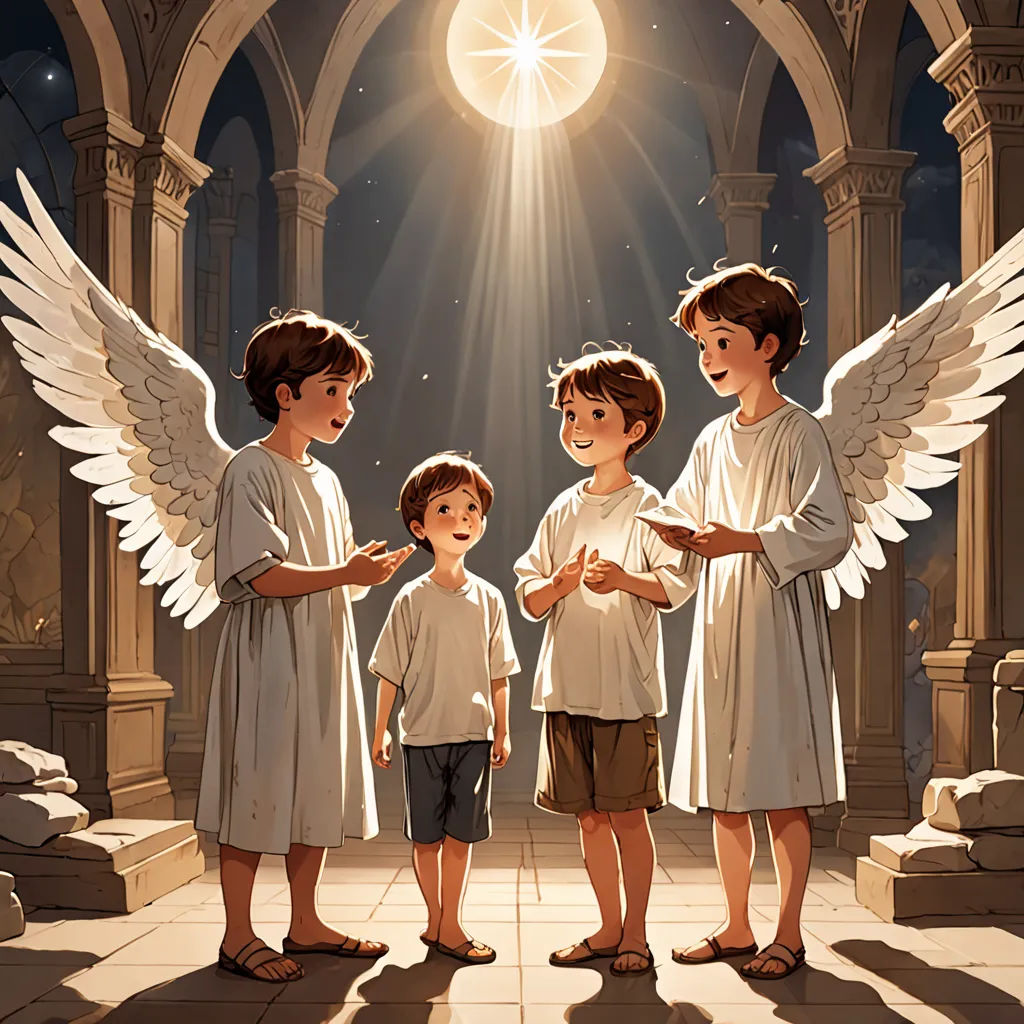 a group of children standing next to each other in front of an angel statue with their hands together and a light shining on them, Christophe Vacher, fantasy art, a storybook illustration, rossdraws global illumination