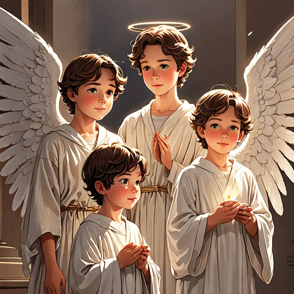 a group of angels standing next to each other in front of a doorway with a light shining on them, Brothers Hildebrandt, gothic art, a storybook illustration, angelic