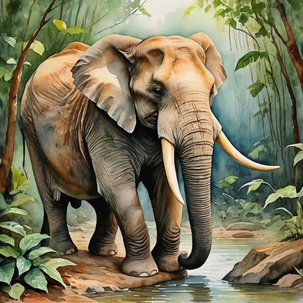 an elephant is standing in the middle of a jungle stream with trees and rocks around it and a stream running through it, sumatraism, an airbrush painting, Ed Binkley, highly detailed digital painting