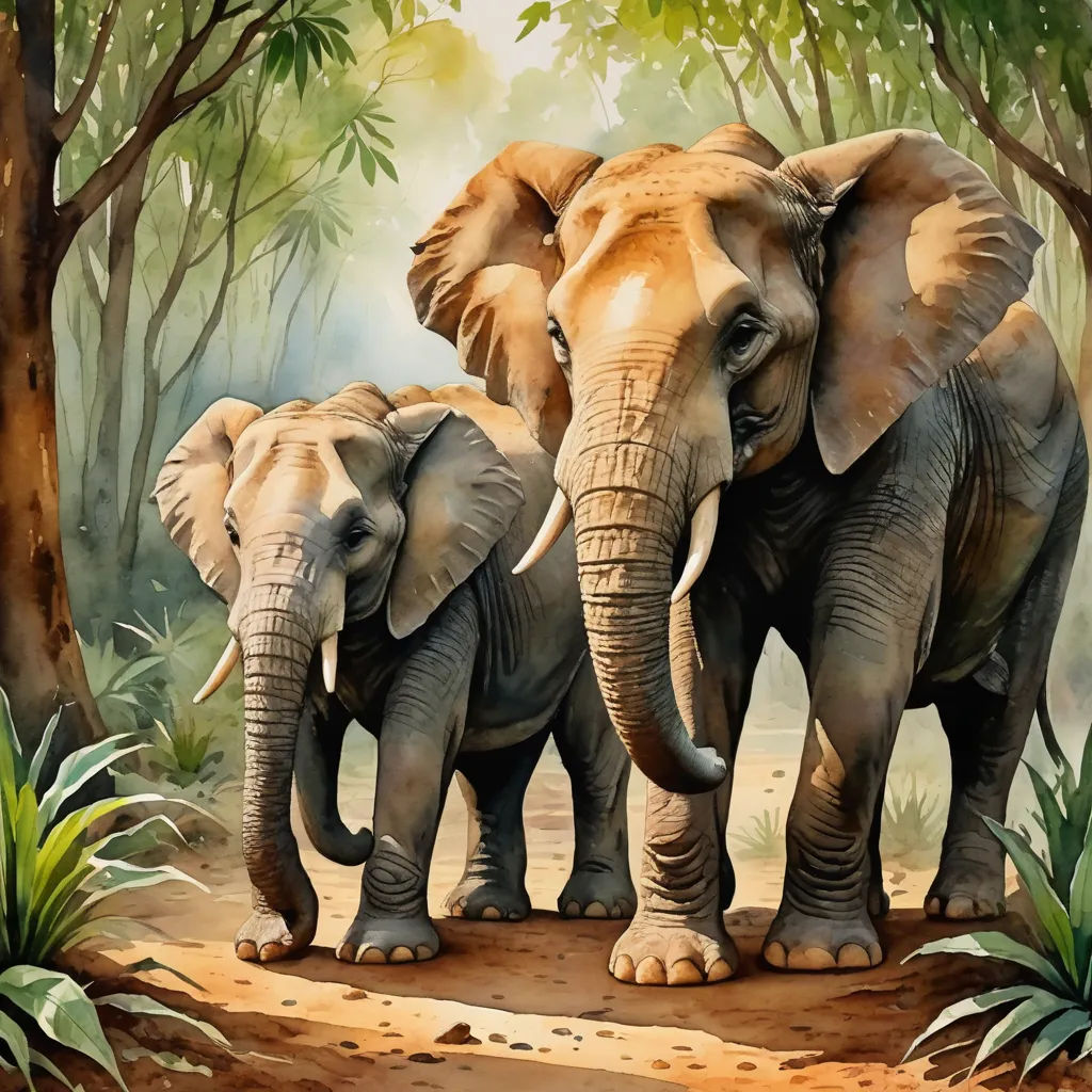 two elephants are walking through the jungle together, with trees in the background and foliage on the ground,, sumatraism, an airbrush painting, Amédée Ozenfant, oil painting