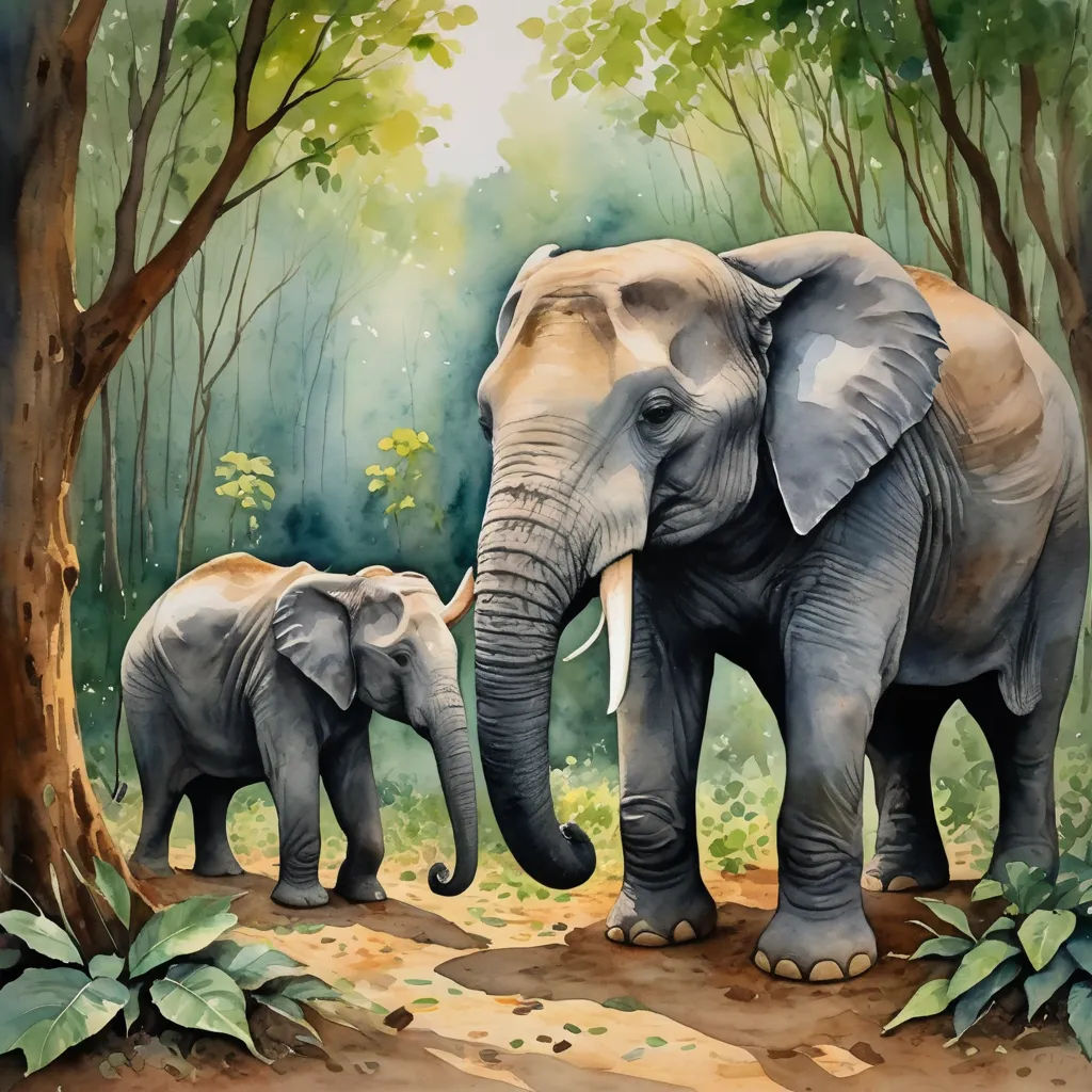 a painting of an elephant and her baby in the woods with trees and foliage around them, with a baby elephant standing between them, sumatraism, a watercolor painting, Amédée Ozenfant, oil painting