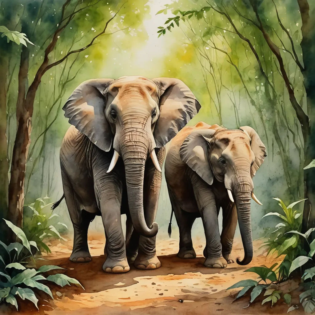 two elephants are walking through a forest with trees and leaves on the ground and a path leading to them, sumatraism, an airbrush painting, Art Brenner, oil painting