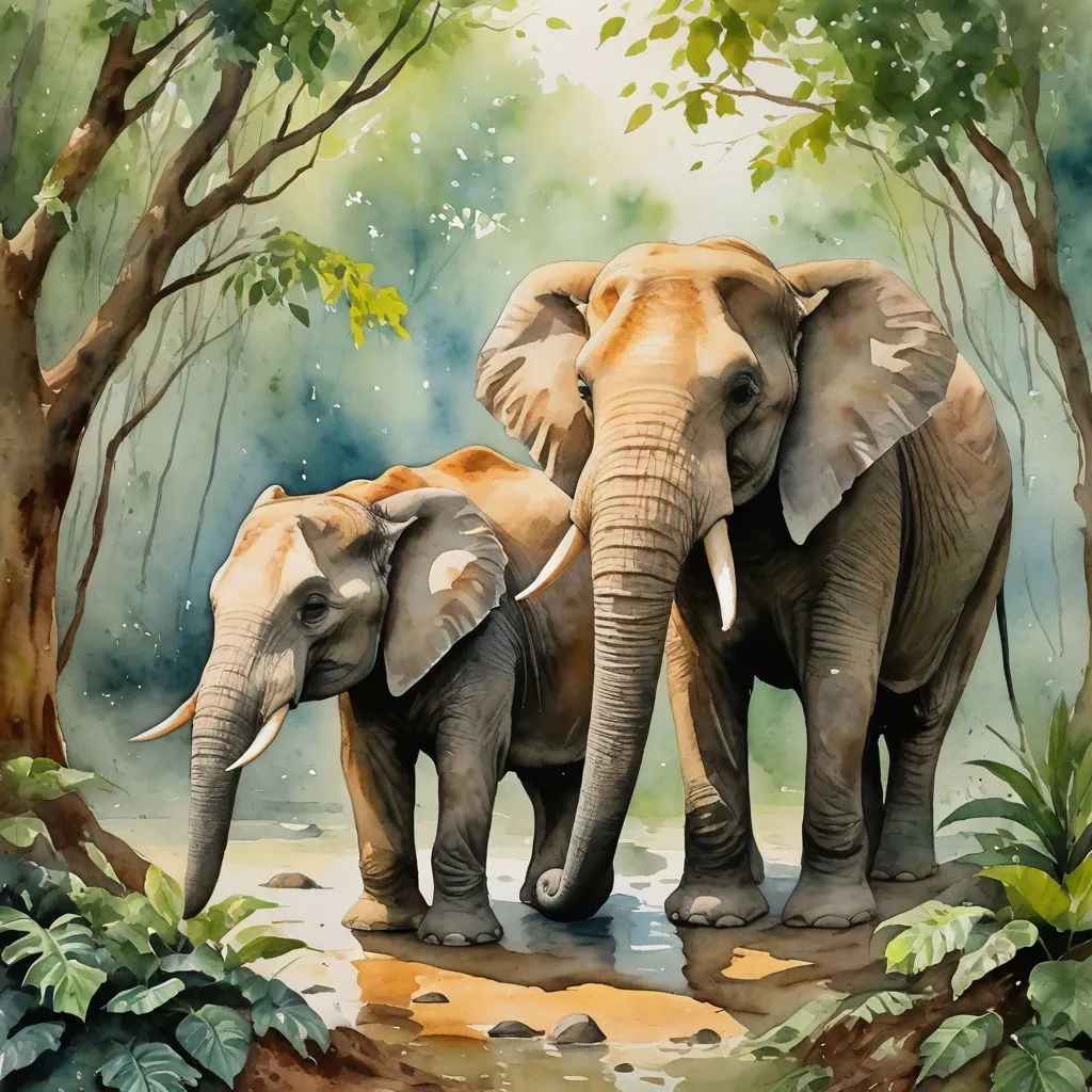 a painting of two elephants standing in a forest with trees and rocks on the ground and a stream running through the ground, sumatraism, a watercolor painting, Art Brenner, oil painting