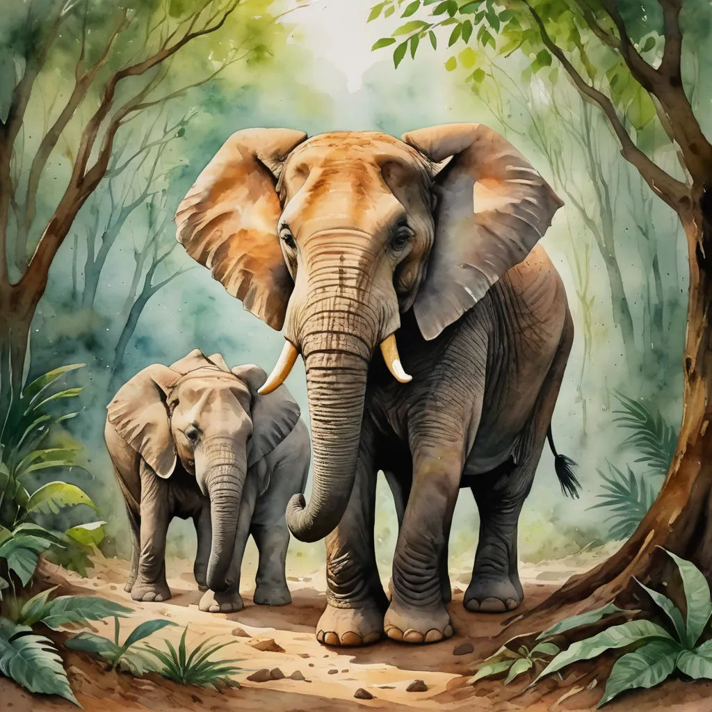 a painting of two elephants walking through a forest with trees and leaves on the ground and a baby elephant standing between them, sumatraism, an airbrush painting, Amédée Ozenfant, highly detailed digital painting