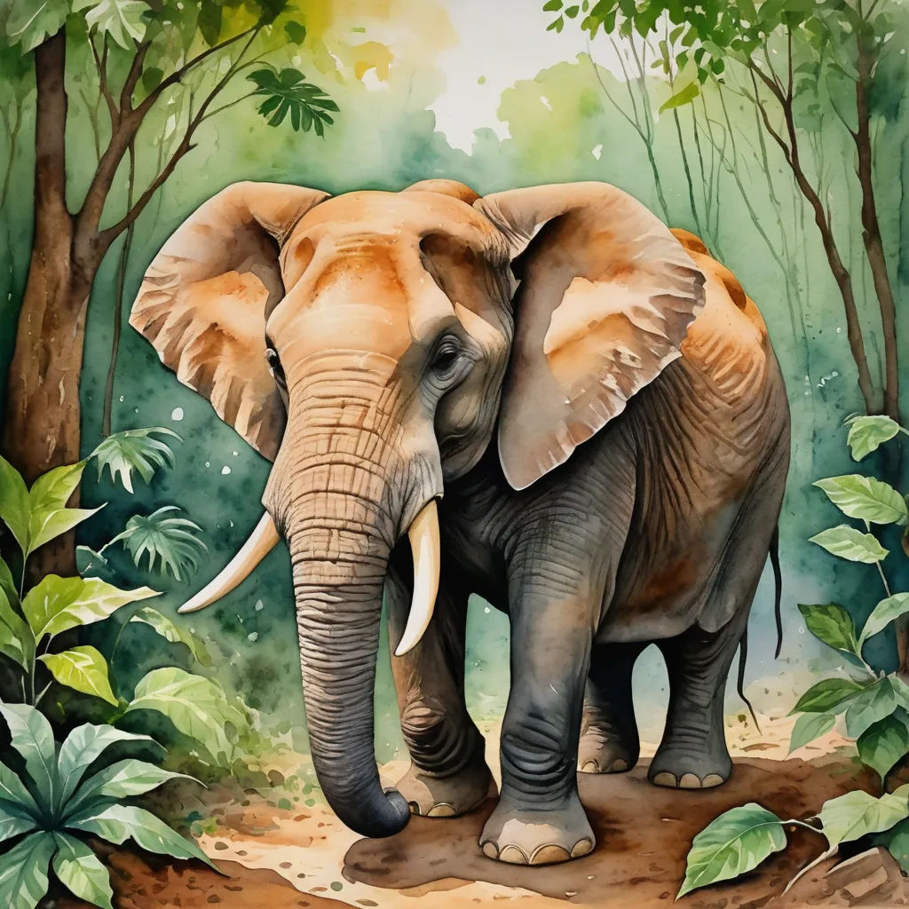 an elephant is standing in the middle of a jungle area with trees and plants around it, and a path leading to the elephant, sumatraism, a digital painting, Amédée Ozenfant, highly detailed digital painting