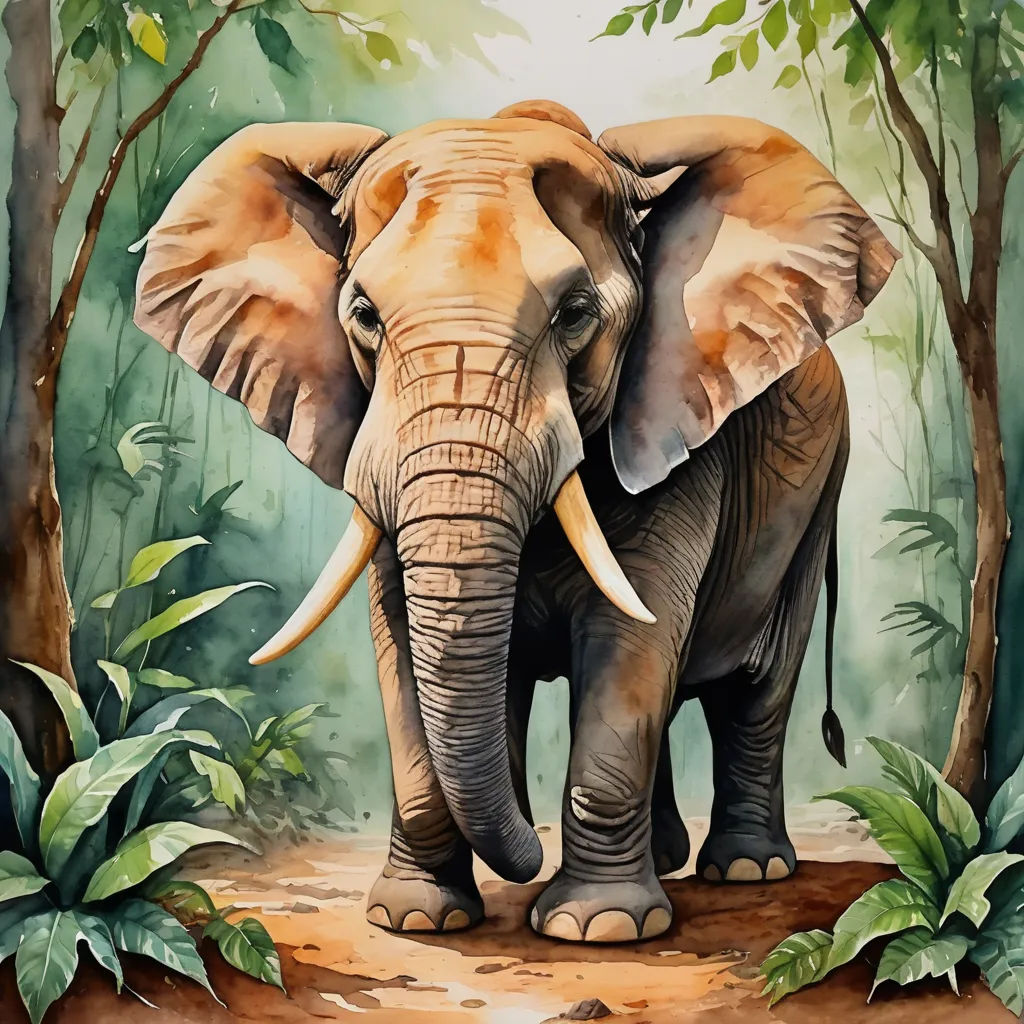 a painting of an elephant in a jungle setting with trees and plants around it, with a path leading to the elephant, sumatraism, a digital painting, Amédée Ozenfant, highly detailed digital painting