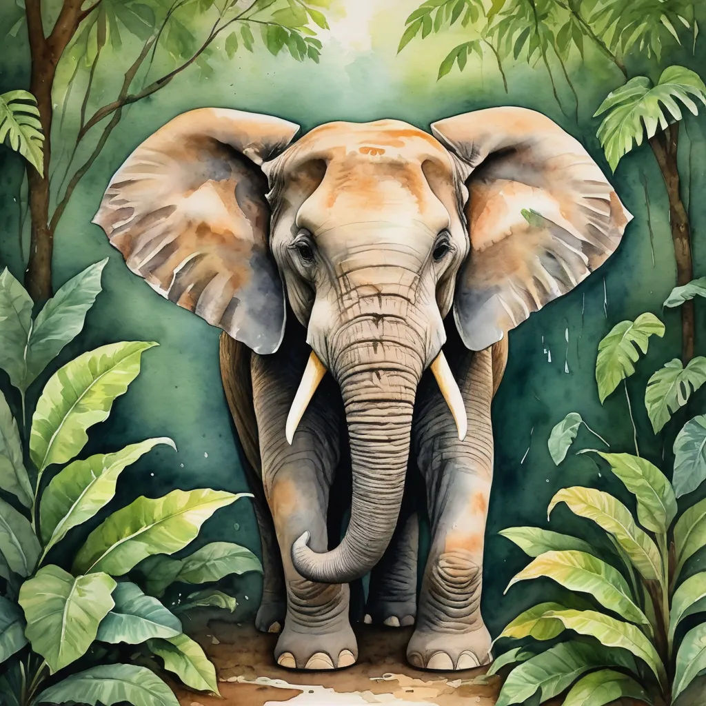 an elephant standing in the middle of a jungle with trees and plants around it and a water drop in the middle, sumatraism, an airbrush painting, Amédée Ozenfant, highly detailed digital painting