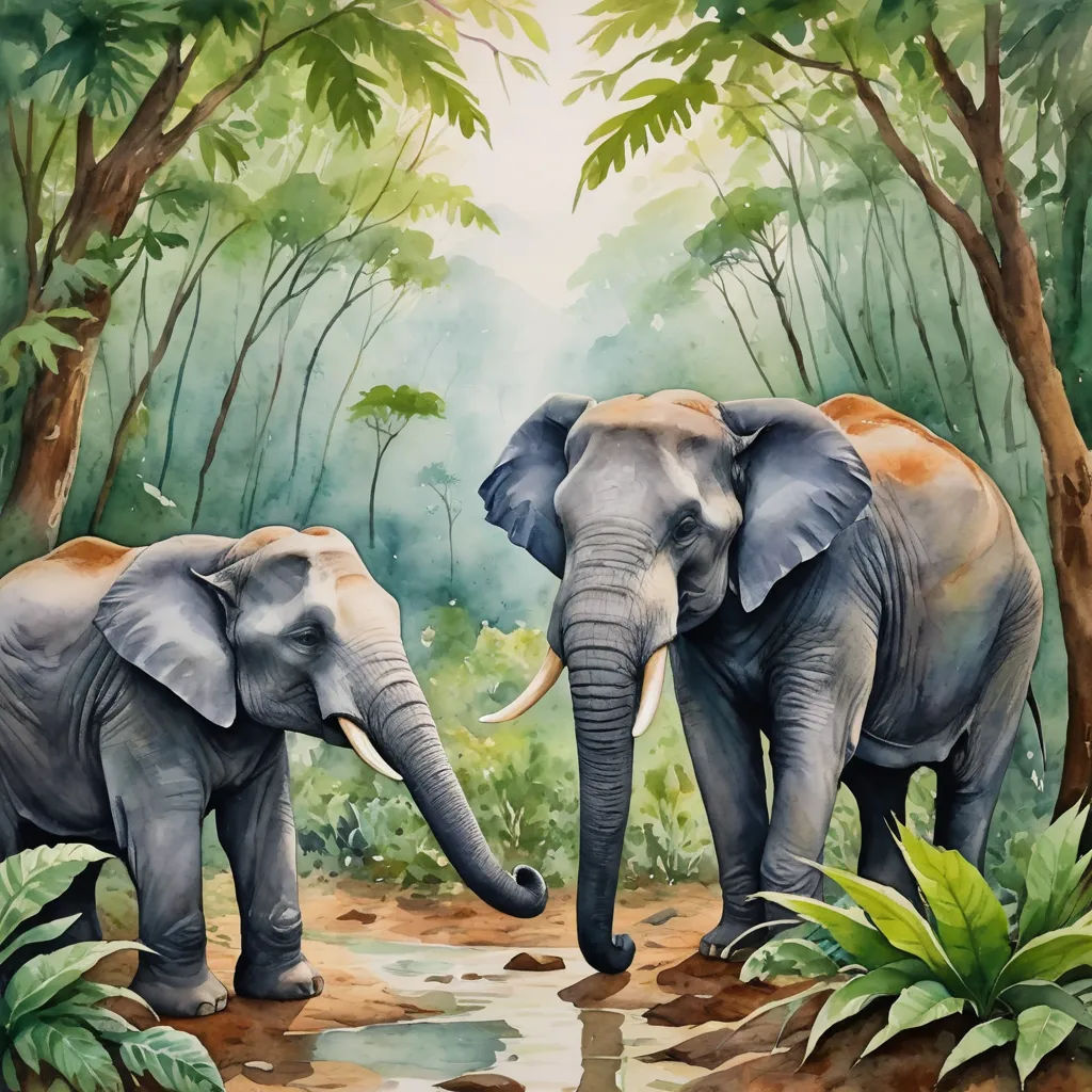 two elephants are standing in the middle of a jungle area with trees and plants around them, and one elephant is touching the other elephant's trunk, sumatraism, a watercolor painting, Amédée Ozenfant, highly detailed oil painting