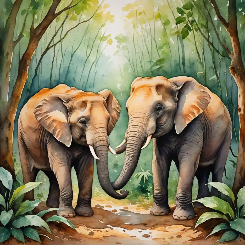 two elephants are standing in the middle of a forest with trees and leaves on the ground and one elephant is facing the other, sumatraism, a watercolor painting, Elaine Duillo, in gouache detailed paintings