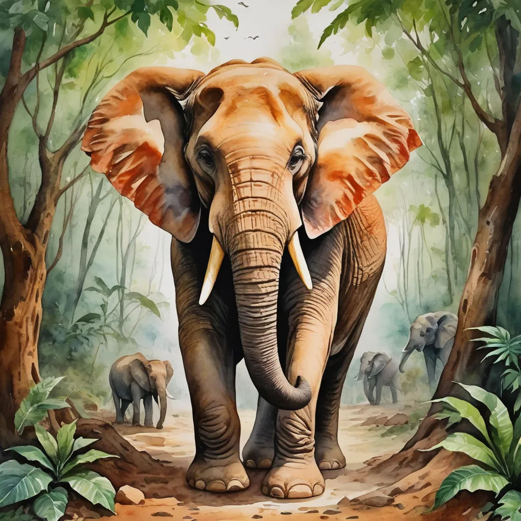 a painting of an elephant in the jungle with other elephants in the background and trees and bushes around it, sumatraism, an airbrush painting, Amédée Ozenfant, highly detailed digital painting