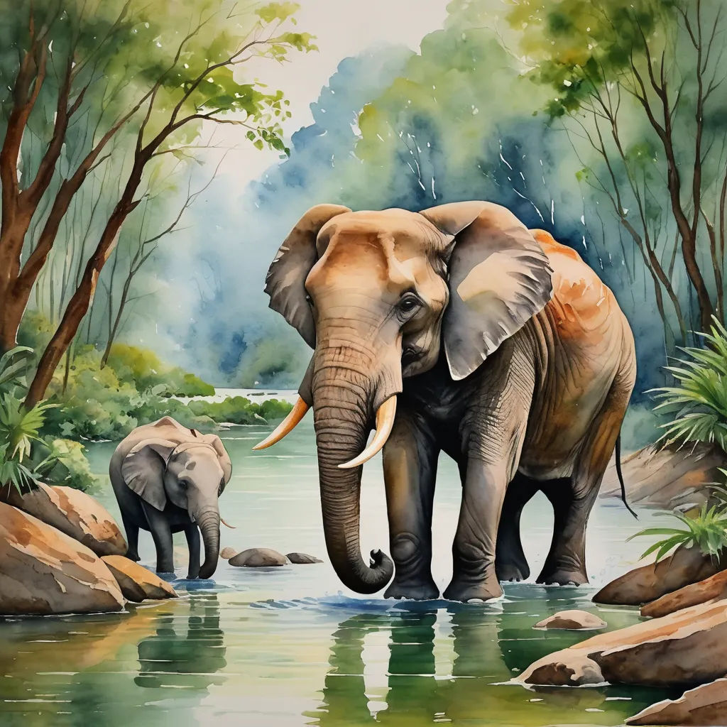 a painting of an elephant and its baby in a river with trees and rocks in the background and water, sumatraism, a watercolor painting, Chris LaBrooy, highly detailed digital painting