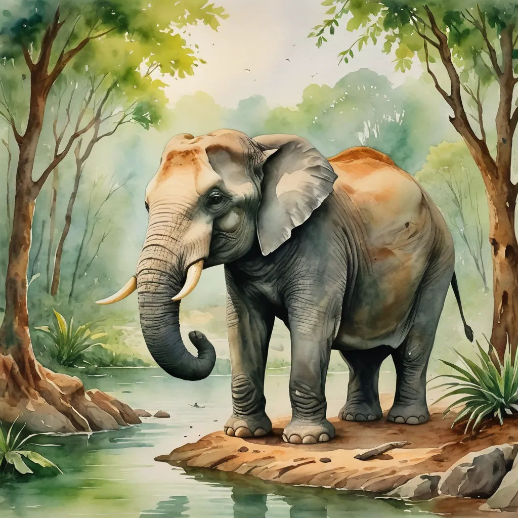 a painting of an elephant standing on a rock in a river with trees and rocks around it and a stream running through it, sumatraism, an airbrush painting, Chris LaBrooy, highly detailed digital painting