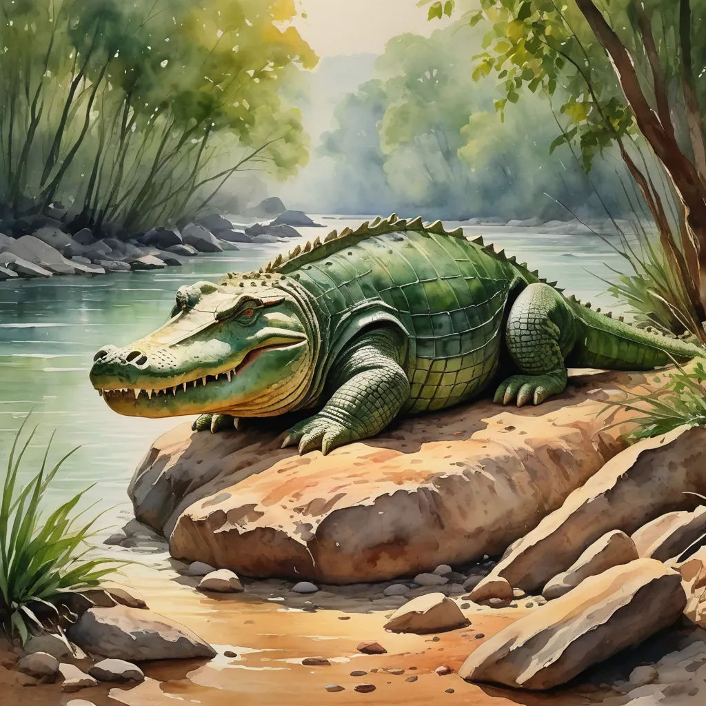 a painting of a crocodile resting on a rock by a riverbank with a tree and bushes in the background, fantasy art, an illustration of, Chris LaBrooy, photoreal