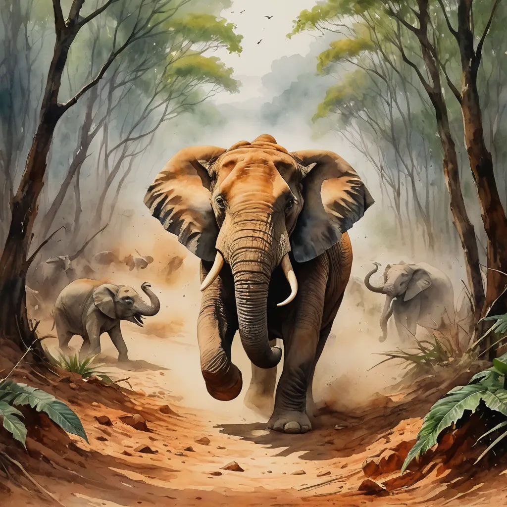 a painting of an elephant walking through a forest with other elephants in the background and a baby elephant in the foreground, sumatraism, an airbrush painting, Chris LaBrooy, highly detailed digital painting