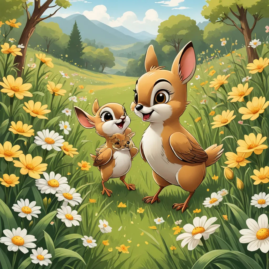 a mother and baby deer in a field of flowers and daisies with a mountain in the background with a sky, lyco art, a storybook illustration, Daphne McClure, promotional image