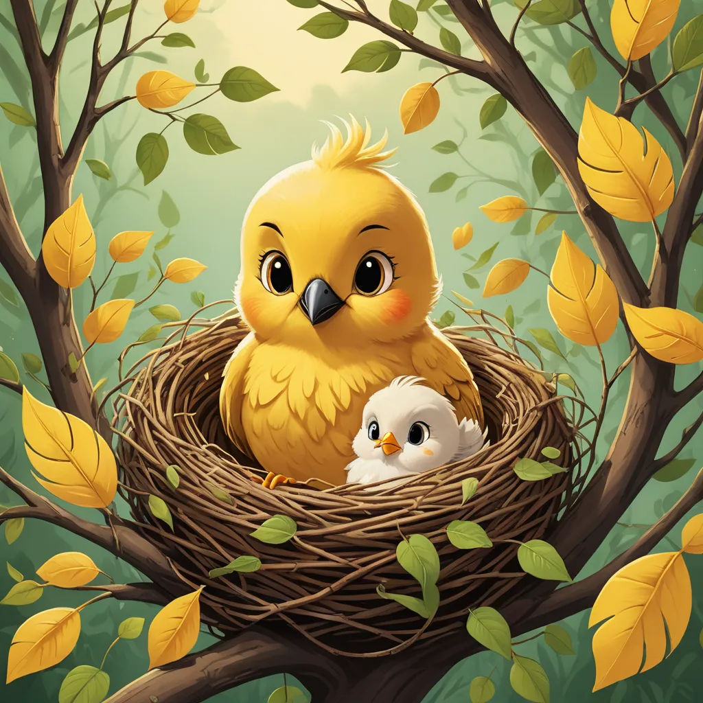 a bird and its baby are sitting in a nest in a tree with leaves on it's branches, fantasy art, a storybook illustration, Chris LaBrooy, highly detailed digital painting