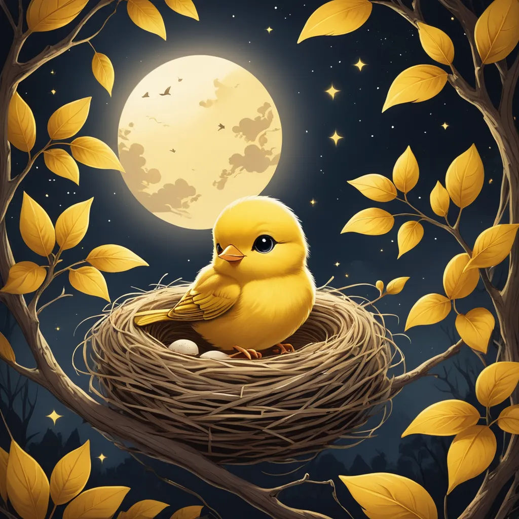 a bird sitting on top of a nest under a full moon filled sky with leaves and branches surrounding it, fantasy art, a storybook illustration, Chris LaBrooy, highly detailed digital painting