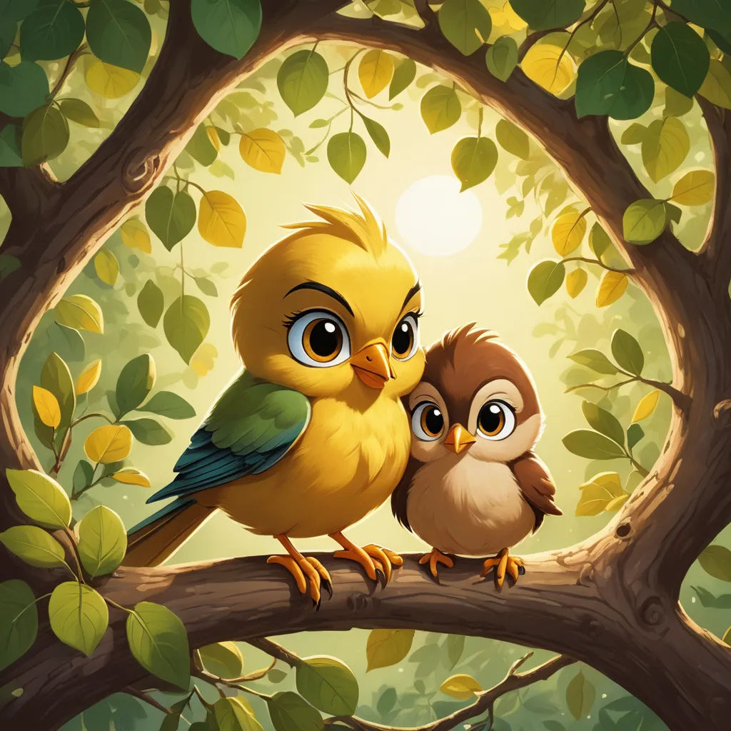 a couple of birds sitting on top of a tree branch together on a sunny day with leaves around them, lyco art, a storybook illustration, Chris LaBrooy, birds
