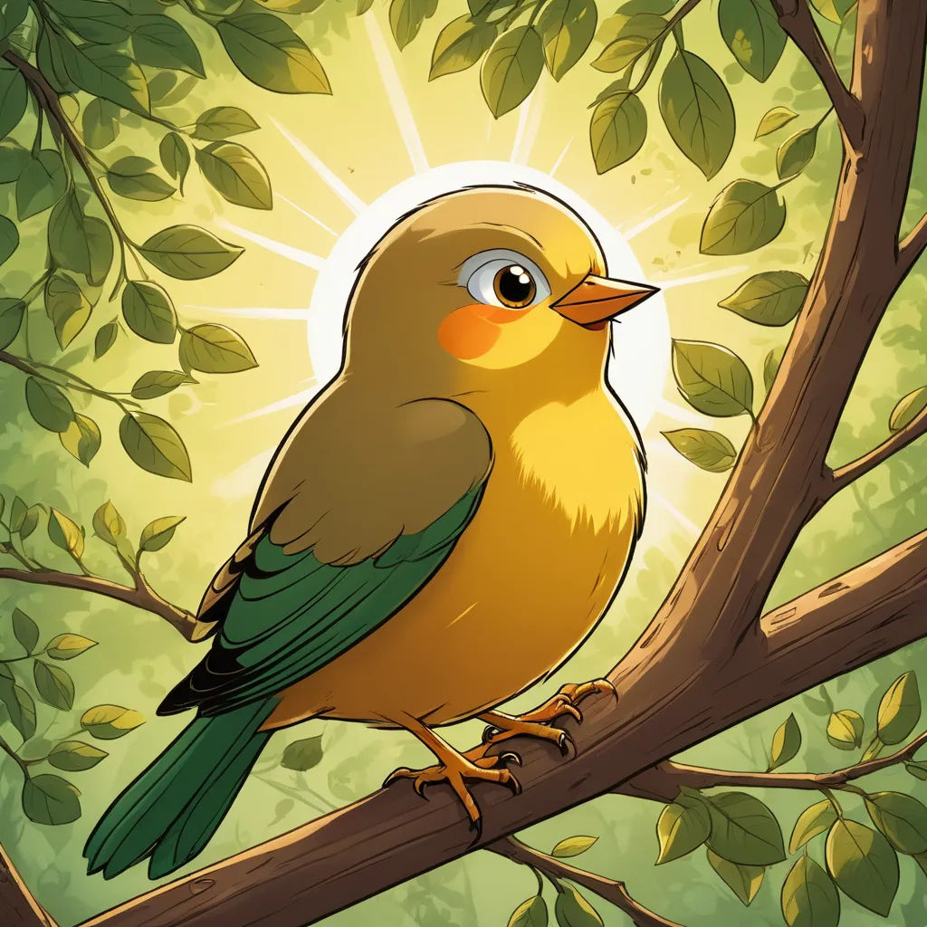 a bird sitting on a tree branch with the sun shining through the leaves behind it and a green background, environmental art, a character portrait, Charles Bird King, rossdraws global illumination