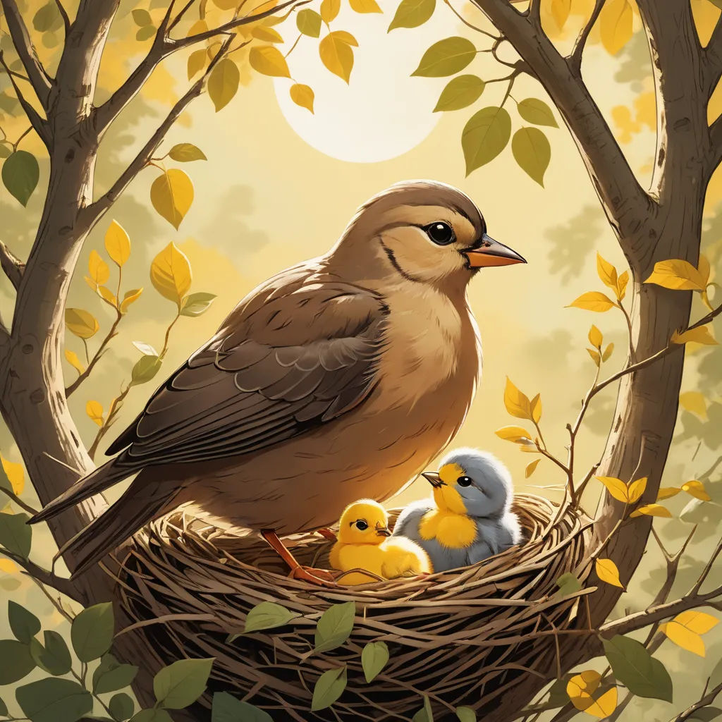 a bird sitting on top of a nest with two small birds in it's nest, with a full moon in the background, fantasy art, a storybook illustration, Dan Mumford, rossdraws global illumination