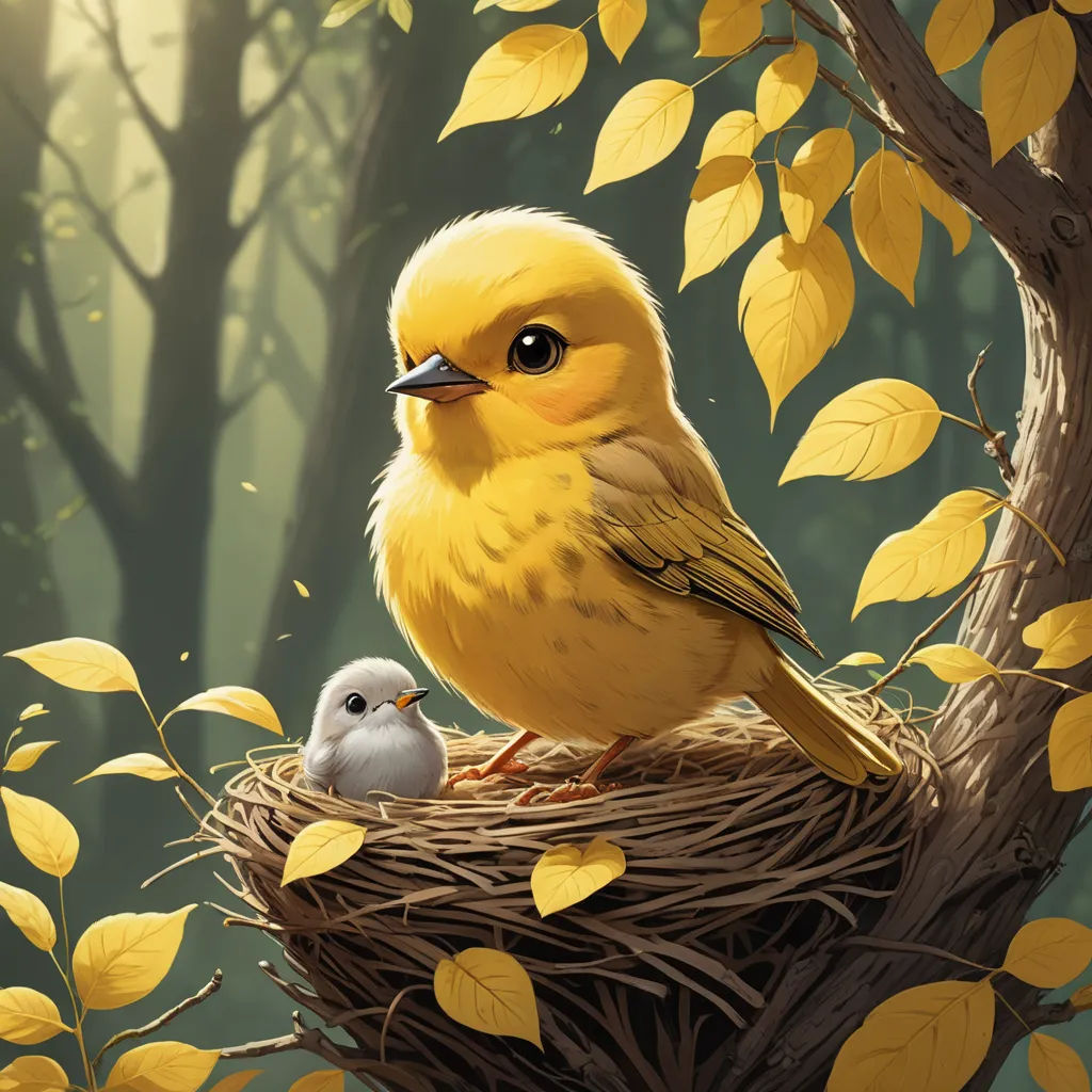 a bird and its chick are sitting in a nest in a tree with leaves on it and a yellow bird, fantasy art, a digital painting, Chris LaBrooy, highly detailed digital painting