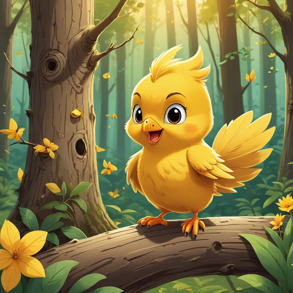 a yellow bird standing on a log in a forest with yellow flowers and a tree trunk with a bird on it, lyco art, a storybook illustration, Chris LaBrooy, cheerful