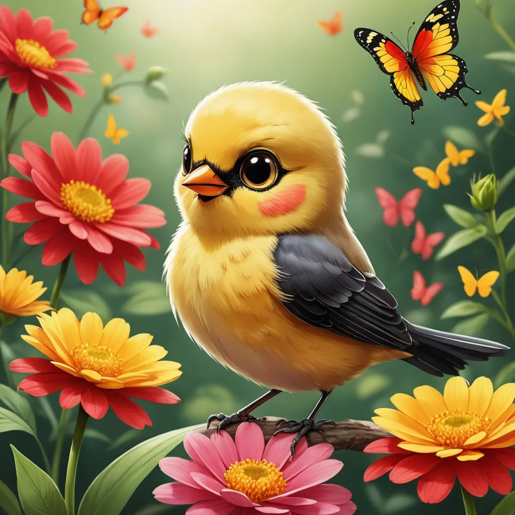 a bird sitting on a branch with a butterfly flying above it and flowers in the background with a green sky, naive art, a digital painting, Charles Bird King, highly detailed digital painting