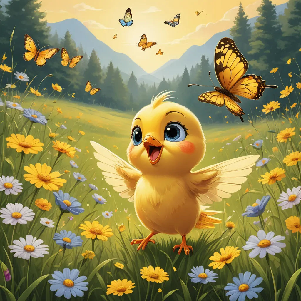 a yellow bird with a butterfly on its back in a field of flowers and butterflies with a mountain in the background, pop surrealism, a storybook illustration, Chris LaBrooy, highly detailed digital painting