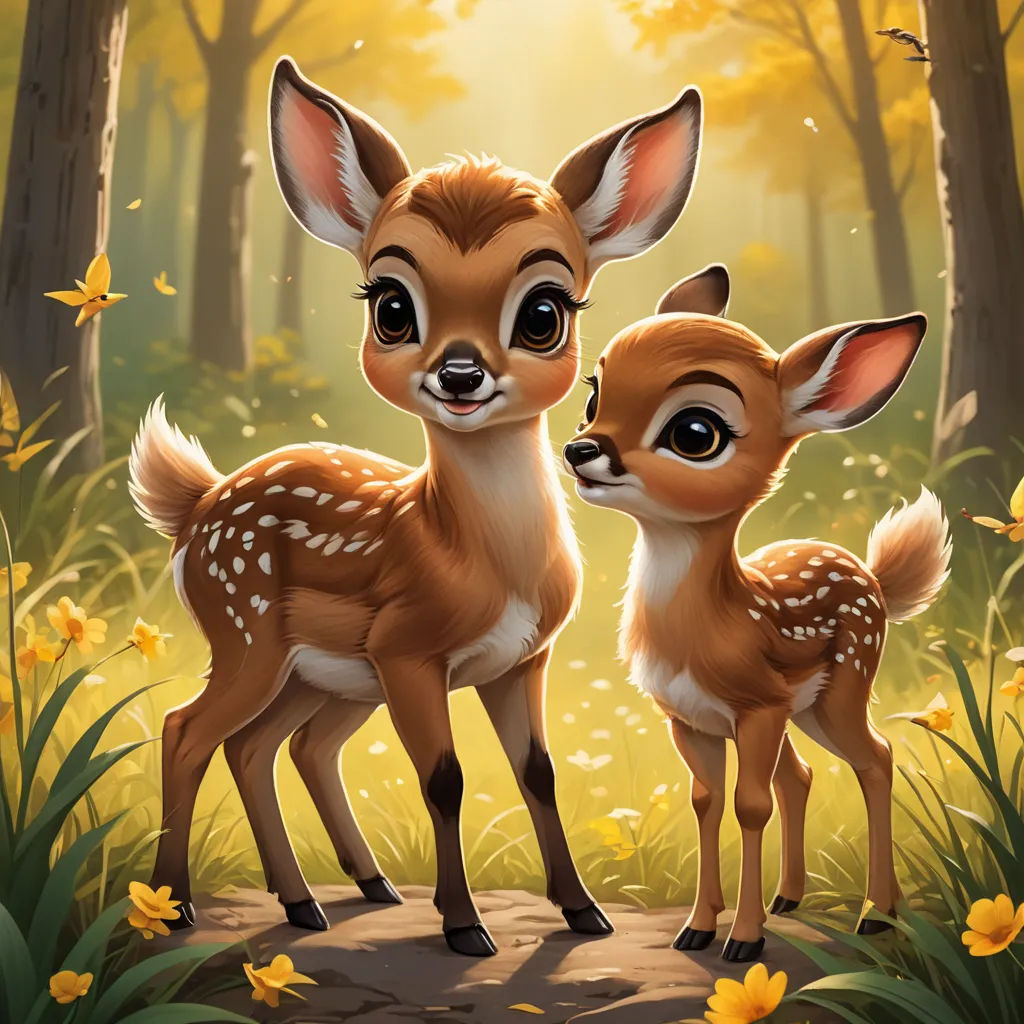 a couple of deer standing next to each other in a forest filled with flowers and trees with yellow flowers, furry art, a storybook illustration, Claire Hummel, leesha hannigan