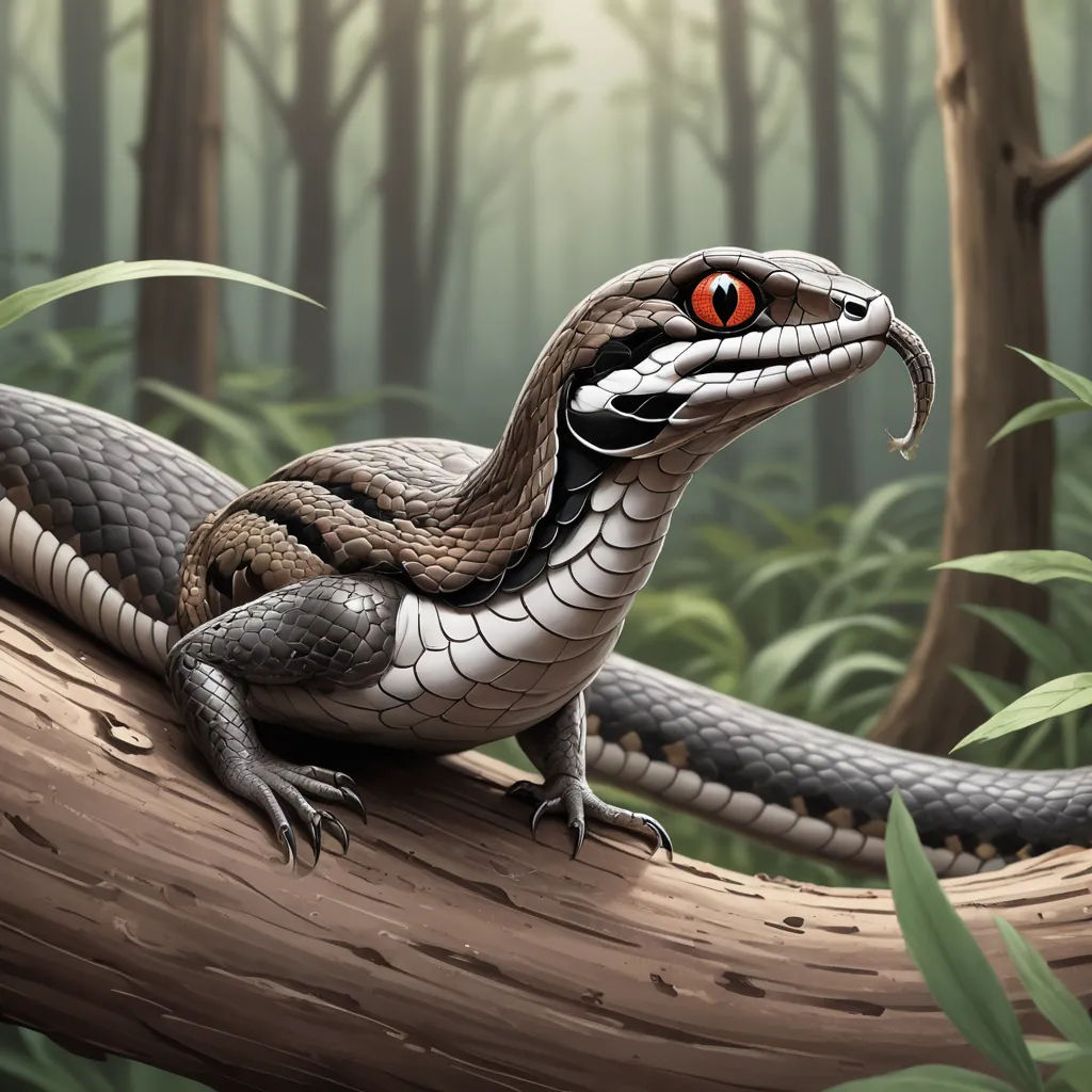 a snake is sitting on a branch in the woods with a red eye on it's face and it's head is curled up, cobra, an illustration of, Adam Rex, highly detailed digital painting