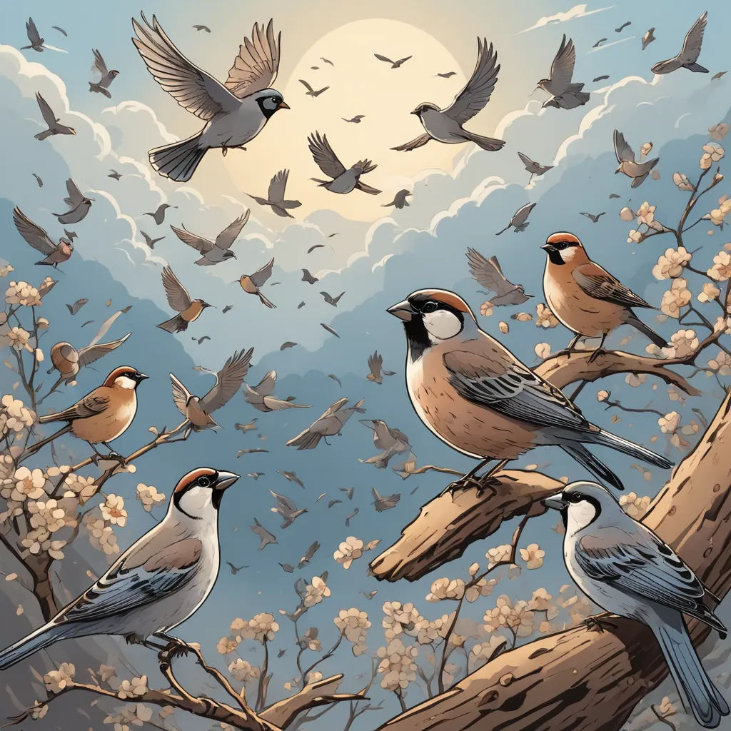 a group of birds sitting on a tree branch with a full moon in the background and a few birds flying around, fantasy art, a comic book panel, Dan Mumford, birds