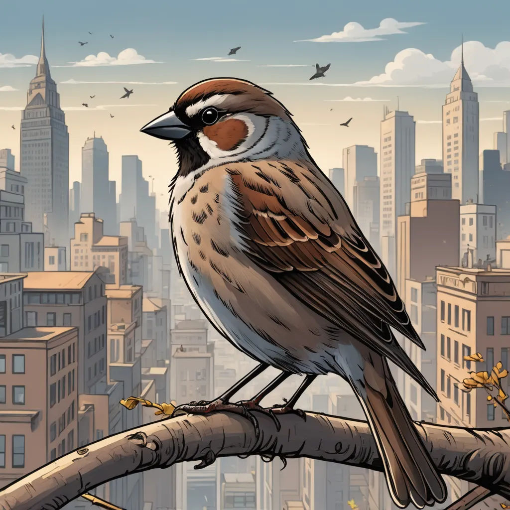 a bird sitting on a branch in front of a cityscape with birds flying around it and a bird on the branch, underground comix, a comic book panel, Dan Mumford, birds