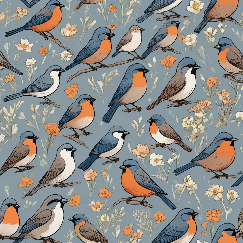a bunch of birds that are sitting on a branch with flowers in the background and a blue sky with orange and white colors, arts and crafts movement, a silk screen, Annabel Kidston, birds